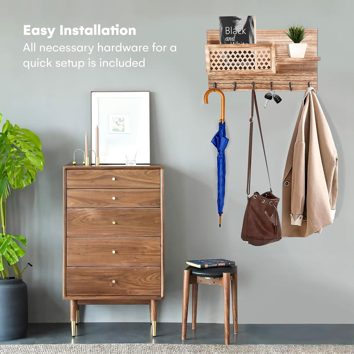 Wooden Key Holder Wall Mount - 9"x16"x2.5" - Brown - Hanging Mail Sorter and Key Holder for Wall - Hallway Hanger Shelf with Coat Hooks - Decorative Organizer Rack