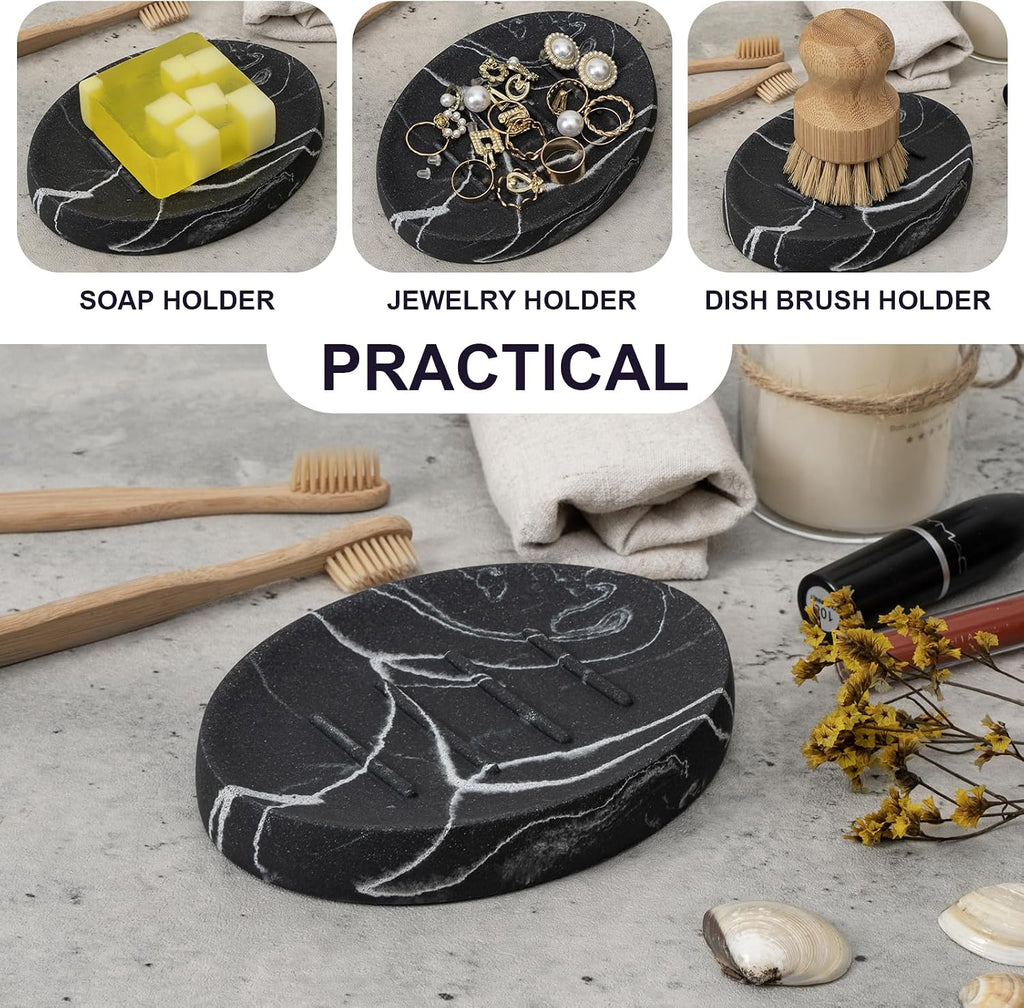 Resin Marble Look Soap Dish 2 Pack Black Bar Soap Holder for Bathroom Shower Soap Tray for Kitchen Sink