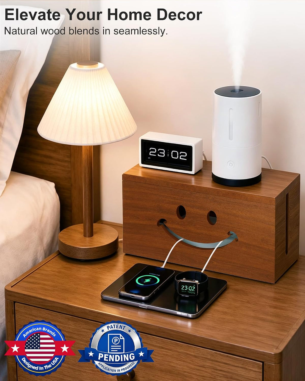 Solid Wood Cable Management Box, Cute Smile Cord Hider Box for Desk