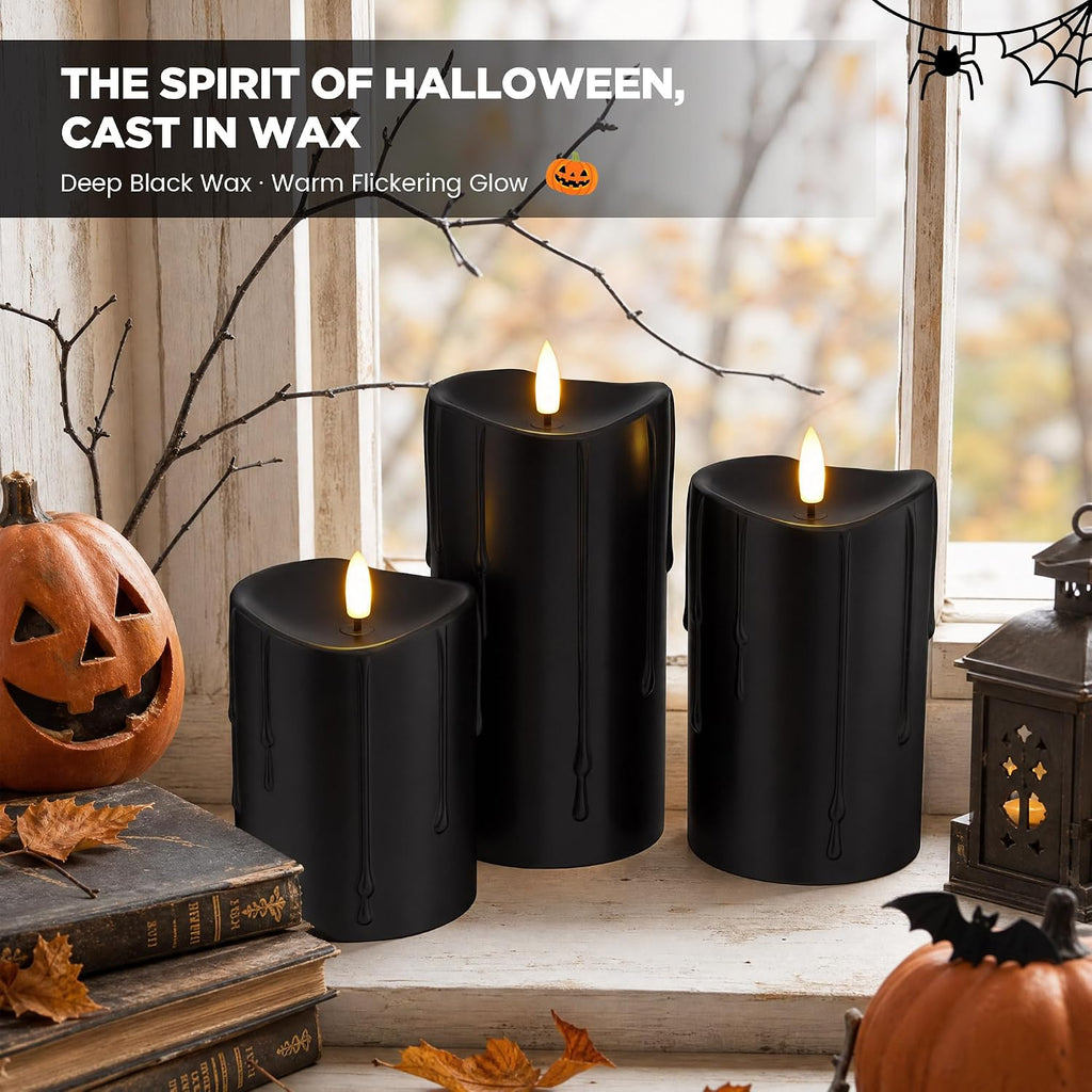 Halloween Black Dripping Wax Flameless Pillar Candles with Remote, Set of 3