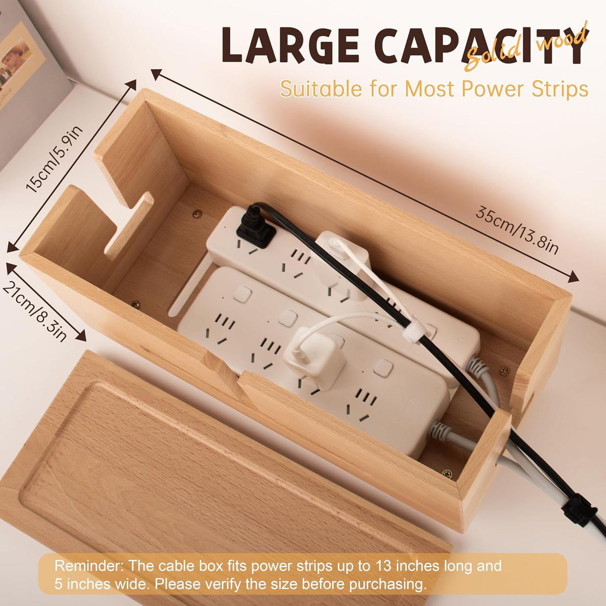 Natural Beechwood Large Cable Management Box for Power Strip & Cord Hider