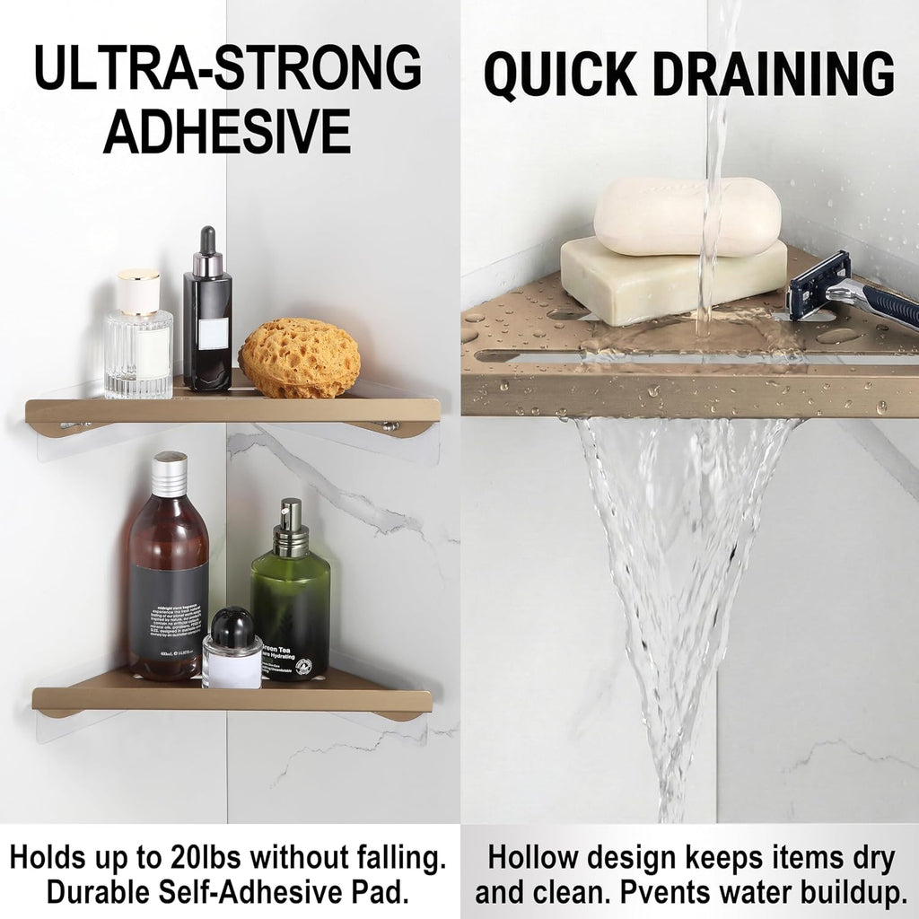 BVL Corner Shower Shelf, 8 Inch Champagne gold 2-PACK Bathroom Corner Organizer, Adhesive Wall Mounted Shower Caddy, Waterproof Rustproof Metal Storage Rack for Shampoo Soap