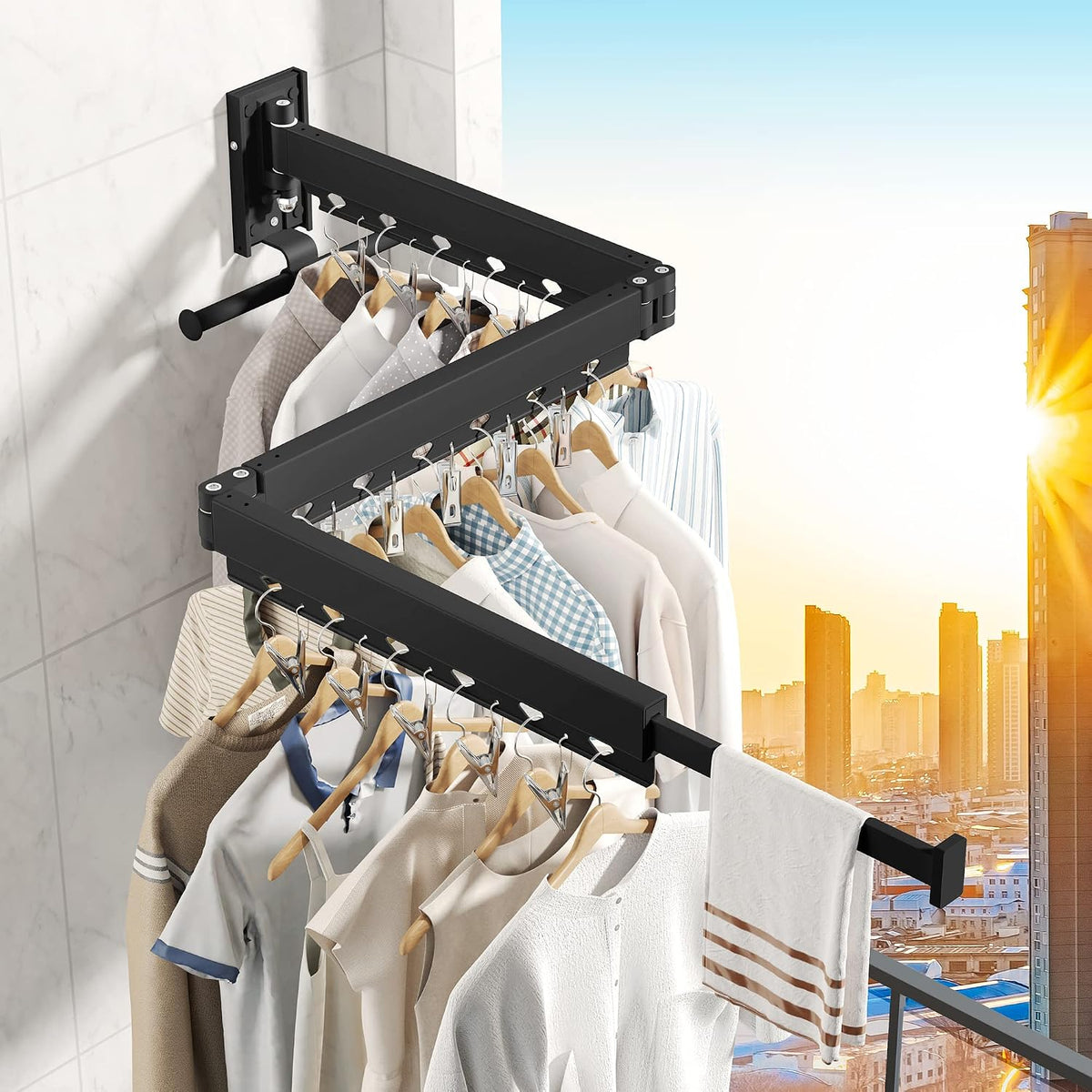 BOQORAD Clothes Drying Rack,Wall Mounted Laundry Rack,Drying Rack Clothing,Laundry Drying Rack Wall Mount,Retractable Clothes Rack,Collapsible,Windproof Holes,with Clips,Black Color