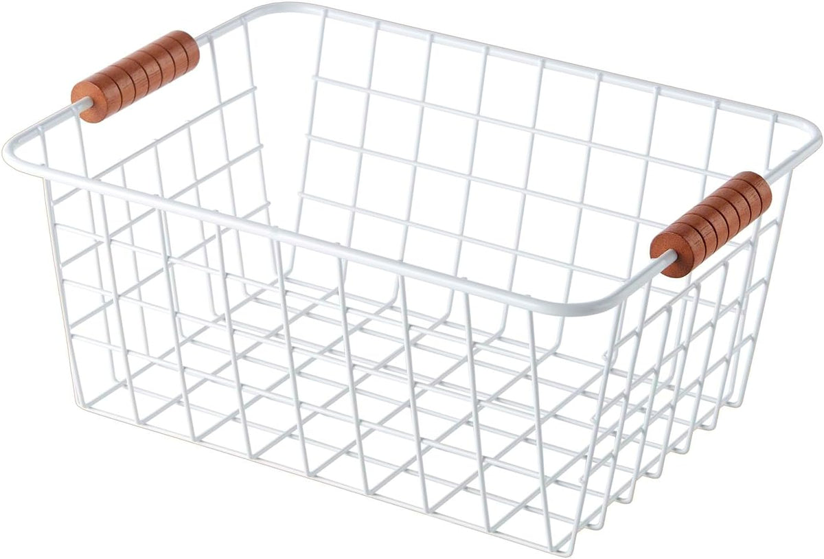JUNCHU CHERRY Wire Kitchen Storage Basket 2 Packs,Perfect Pantry Organization Accessories Baskets,Laundry Basket,With a Wooden Handle,Suitable for Kitchen,Bathroom,Bedroom,Tabletop,Stackable,White