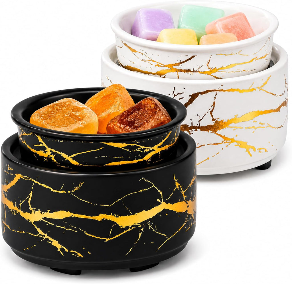 PALANCHY Wax Warmer Set of 2 Black & White Glazed Ceramic with Gold Accents