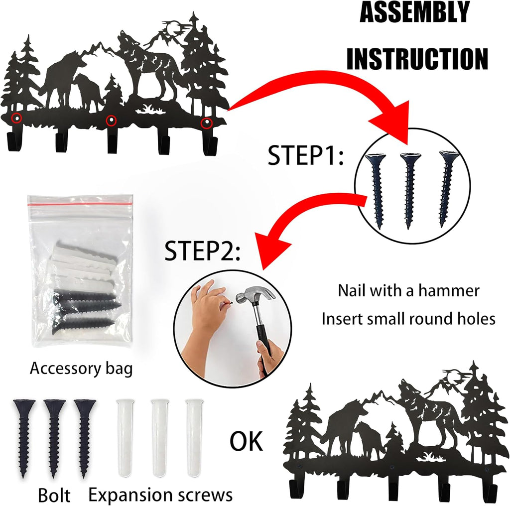 Metal Wolf Coat Hooks Wall Art Decor-Wolf Hangers and Key Holder-Clothes Rack and Backpack Hanger-Animal Theme Hooks Sweet Home Decor for Storage, Living Room, Hallway, Office (Black)