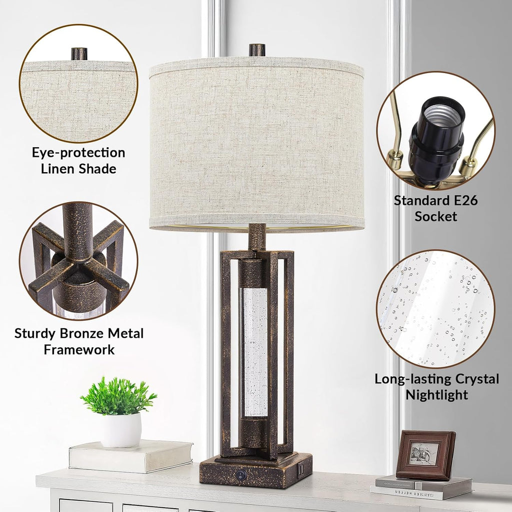 TOBUSA 26" Bronze Farmhouse Table Lamps Set of 2 with Crystal Night Light