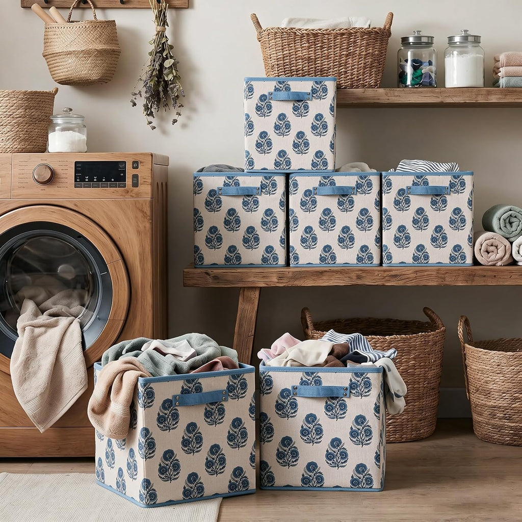 6 Pcs Fabric Floral Cube Storage Bins 11 Inch Flower Storage Basket with Handle, Linen Collapsible Fabric Box for Classroom Bedrooms Office Home Decoration (Blue indian flower)