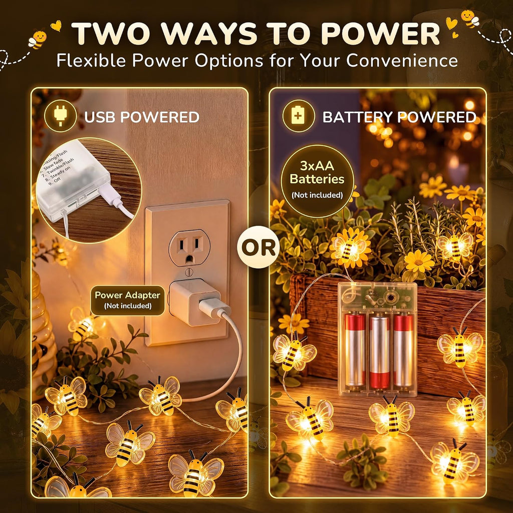 Mudder 1 Pack Honey Bee String Lights, 10FT 30LEDs with 8 Modes & Timer