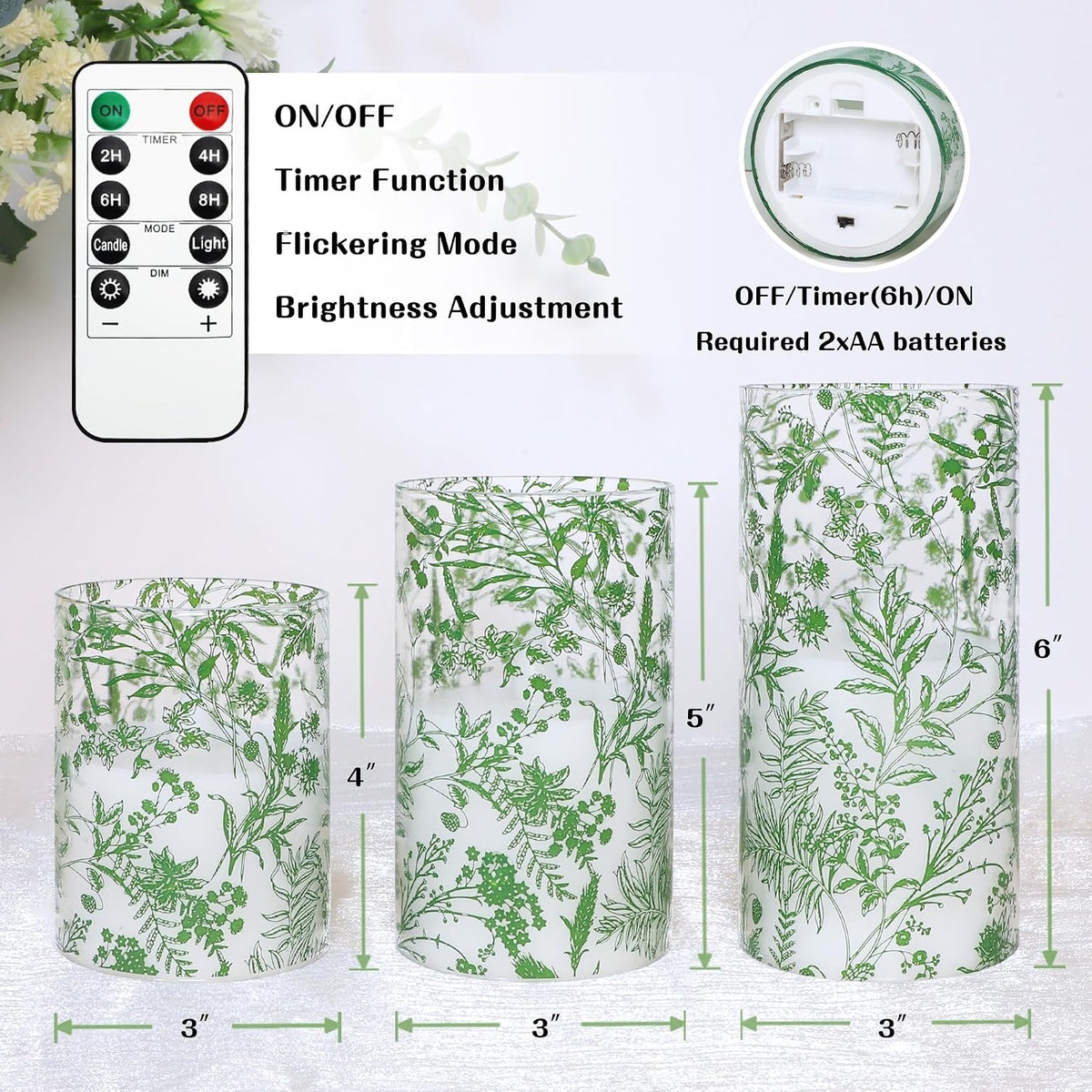 Green Botanical Glass Flameless Candles with Remote & Timer Fern Leaves Design Battery Operated Flickering Pillar LED Candles for St. Patrick's Day Home Party Decor Table Centerpiece