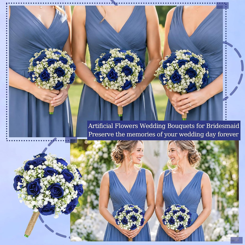 Artificial Bridesmaid Bouquets Set of 6 for Wedding-7 inch Navy Blue Flowers Bouquets for Bridesmaids, Faux Rose Gypsophila Rustic Small Floral Bouquet Fake Wedding Party Ceremony Anniversary Decor