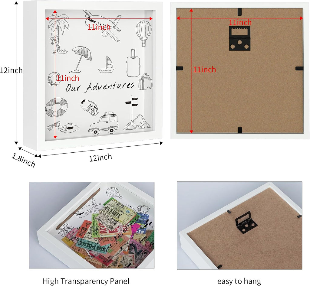 Jackma Travel Tickets Collection Shadow Box Frame, Funny Display Box for Collecting Tickets of Sporting Travelling Events – Piggy Bank Frame Memory Box with Slot on Top, White 12x12”