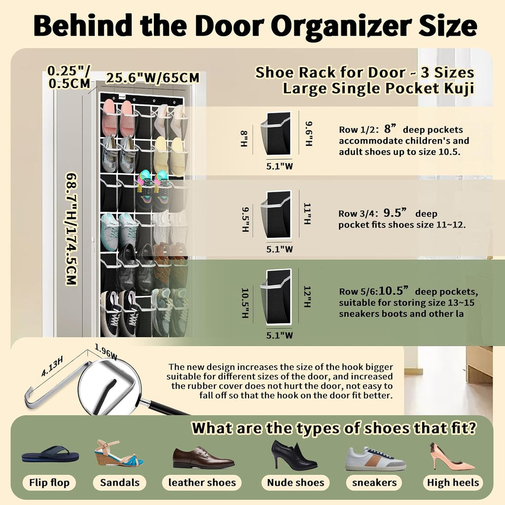PAULONE Over the Door Organizer with 30 Large Pockets, 3 Sizes of Closet Hangers, Holds up to 69 lbs, Hanging Organizer with Clear Window for Children's Toys, Shoes, Diapers (Black)