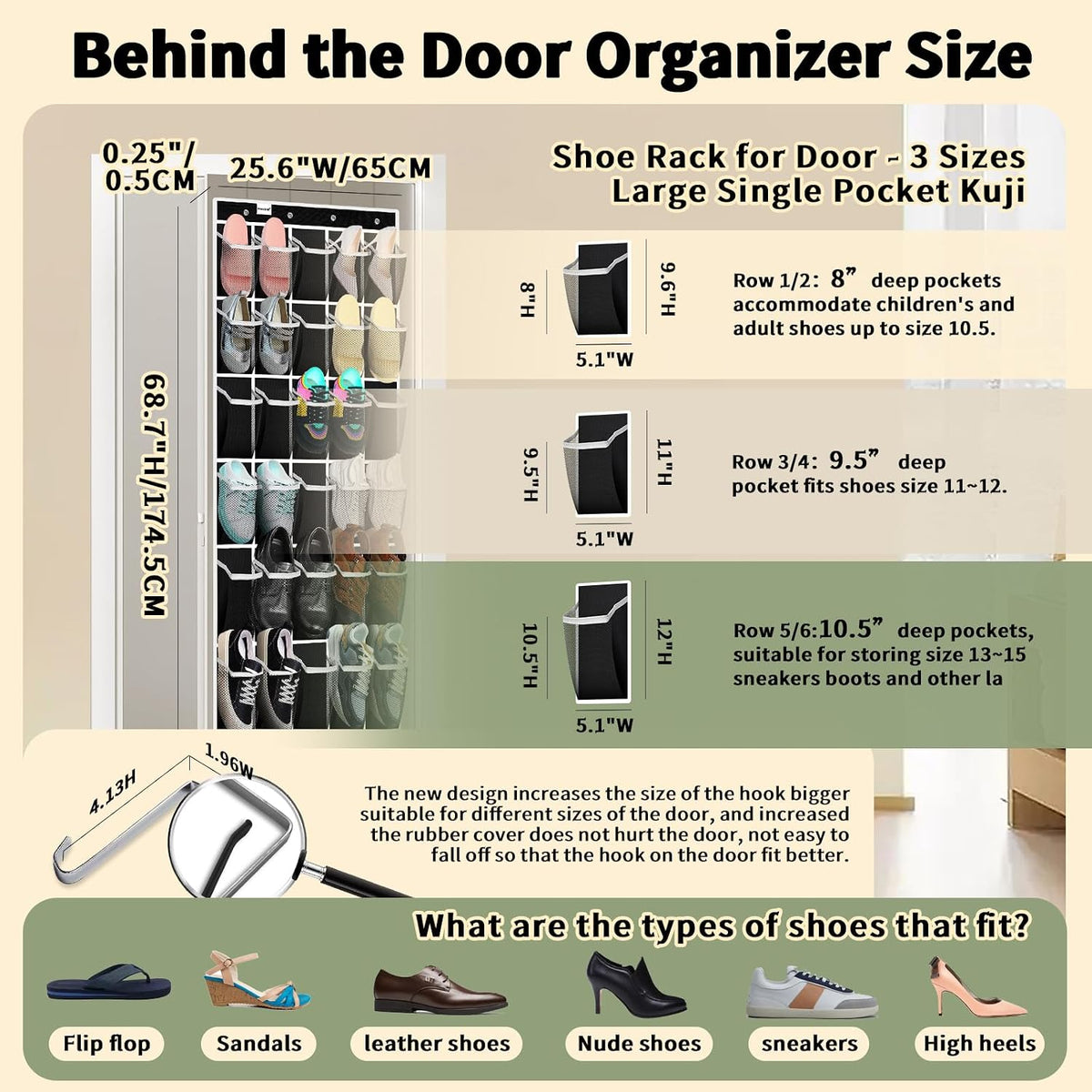 PAULONE Over the Door Organizer with 30 Large Pockets, 3 Sizes of Closet Hangers, Holds up to 69 lbs, Hanging Organizer with Clear Window for Children's Toys, Shoes, Diapers (Black)