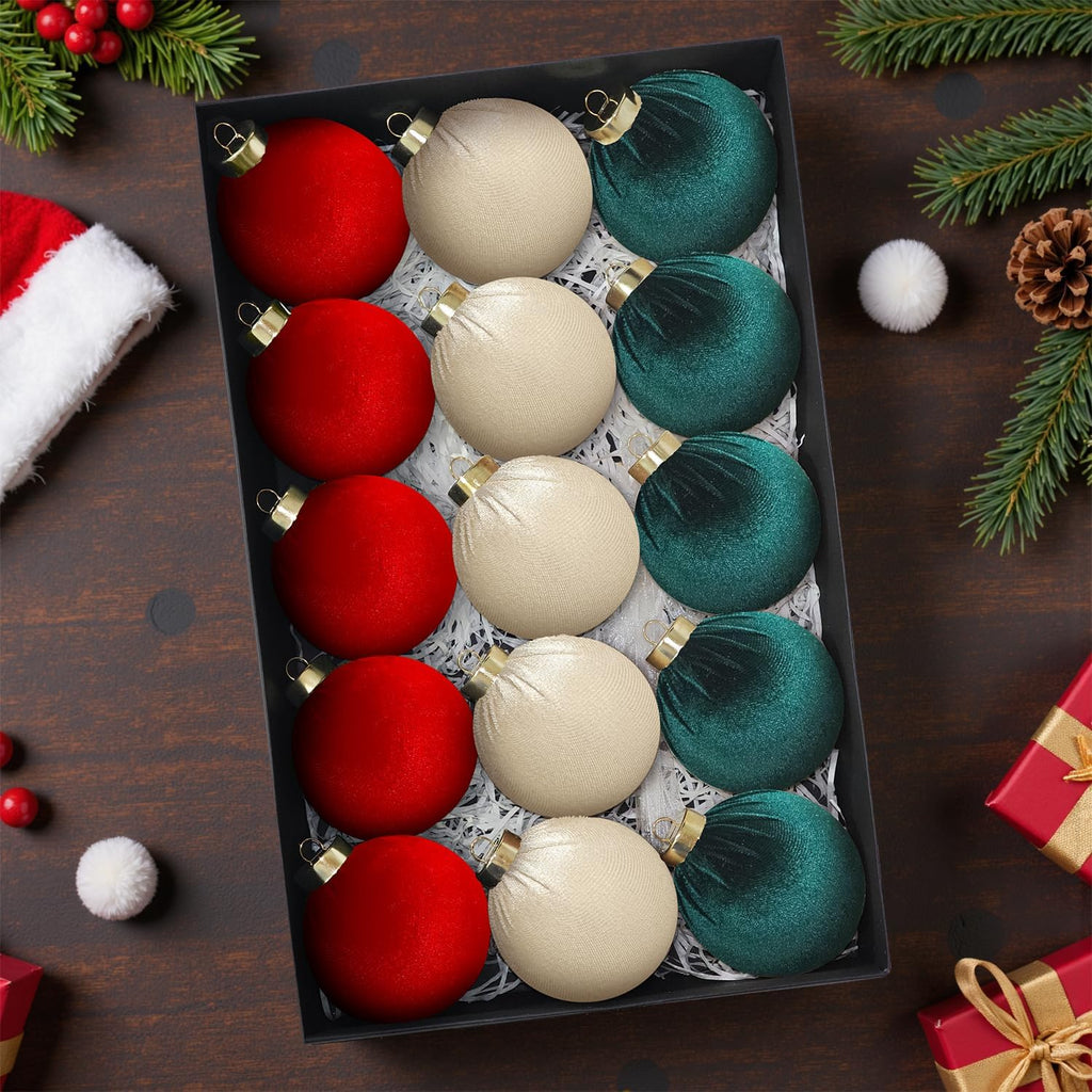 15 Pcs 3.15" Large Red and Green Velvet Ball Ornaments for Christmas Tree