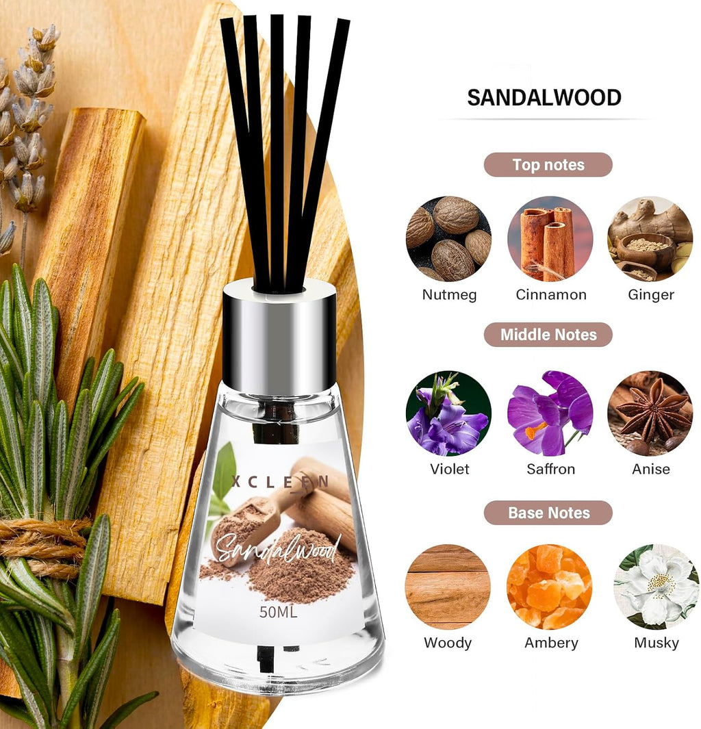 Xcleen Reed Diffuser of 3 Pack, Escape/Citrus/Sandalwood, Scented Diffuser with 15 Fiber Sticks, Home Fragrance Oil Diffuser, Air Freshener for Bathroom & Bedroom, Each 1.7Fl Oz, Total 5.1Oz