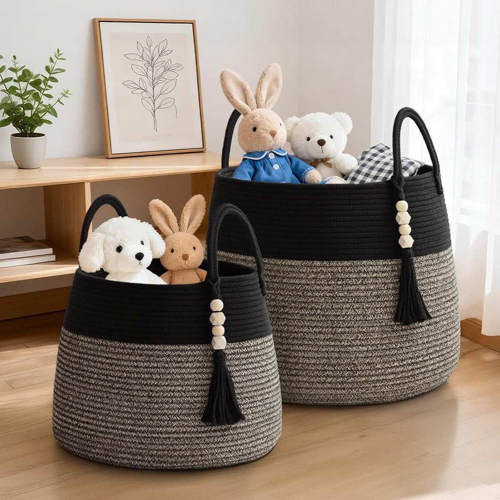 Large Nursery Hamper, 60L Blanket Basket with Handle, Baby Laundry Basket for Gift, Toy, Clothes, Woven Storage Basket with Wooden Bead Decor, Baby Hamper for Nursery (Black&Brown)