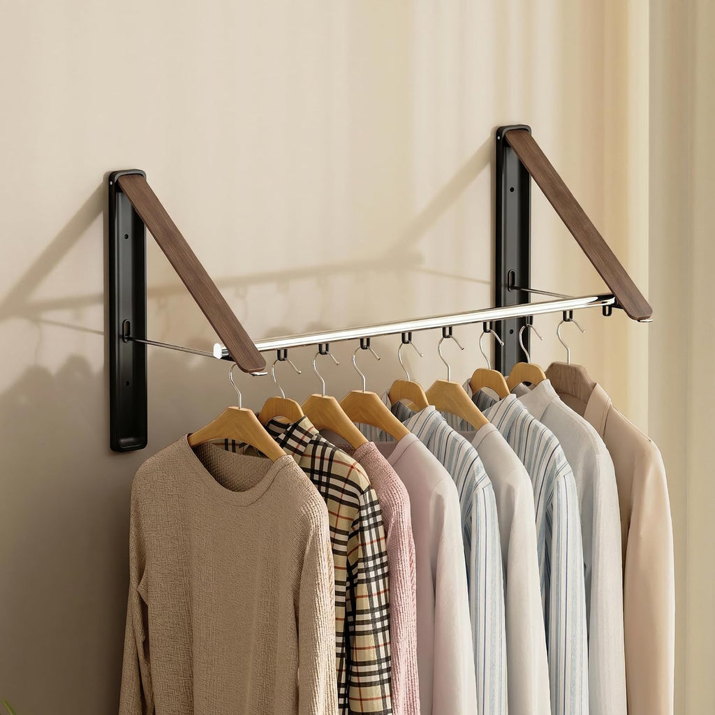 Clothes Drying Rack, Laundry Room Wall Mounted Retractable Clothes Hanger Drying Rack, Laundry Clothing Drying Rack Folding Indoor or Outdoor, Aluminium Dryer, 2pcs(Wood with 80cm bar)