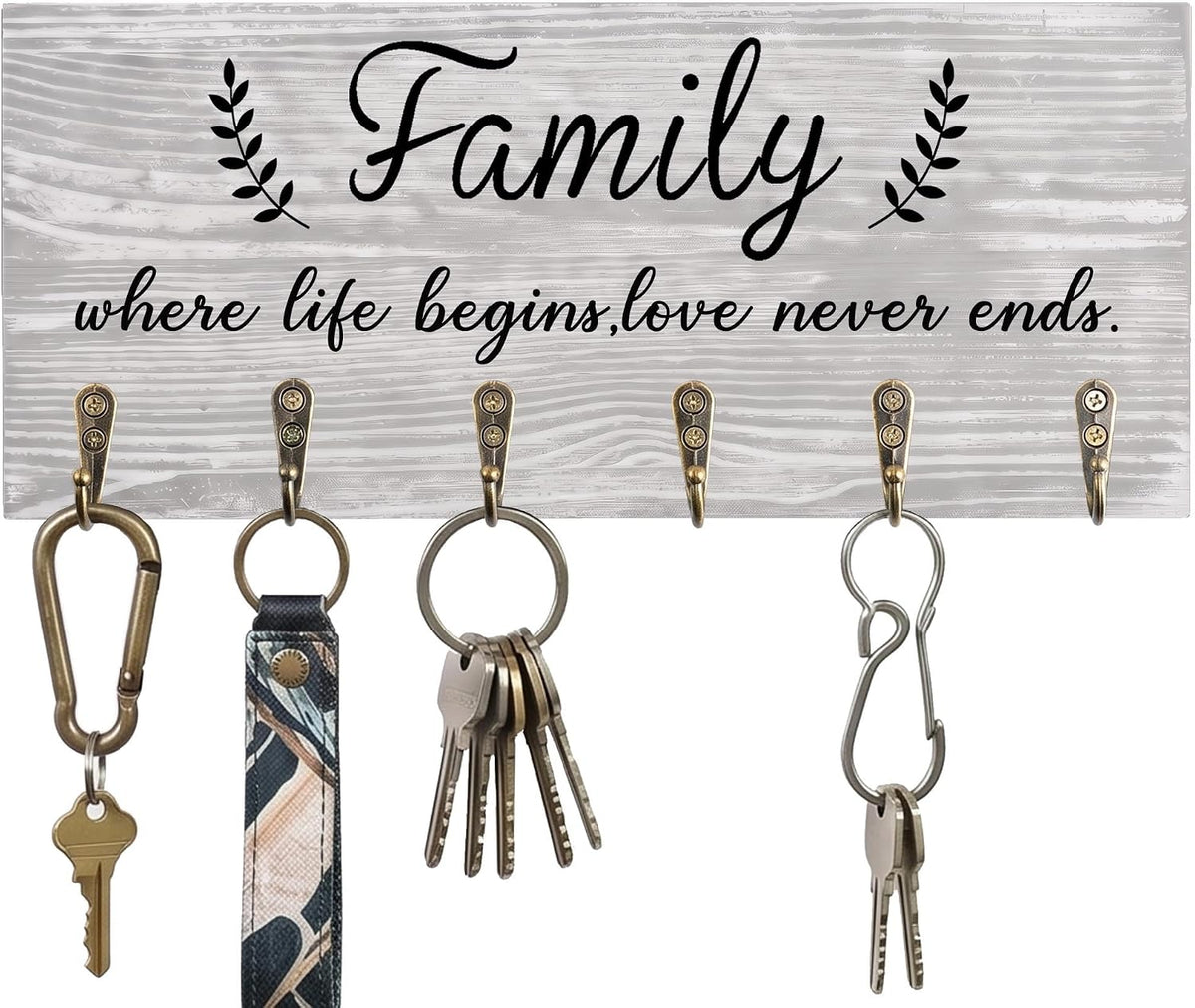 AHYS Key Holder Wall Mount Family Wall Decor Wooden Key Rack Hanger with 6 Hooks for Farmhouse Home Entryway Living Room Decor - Light Grey