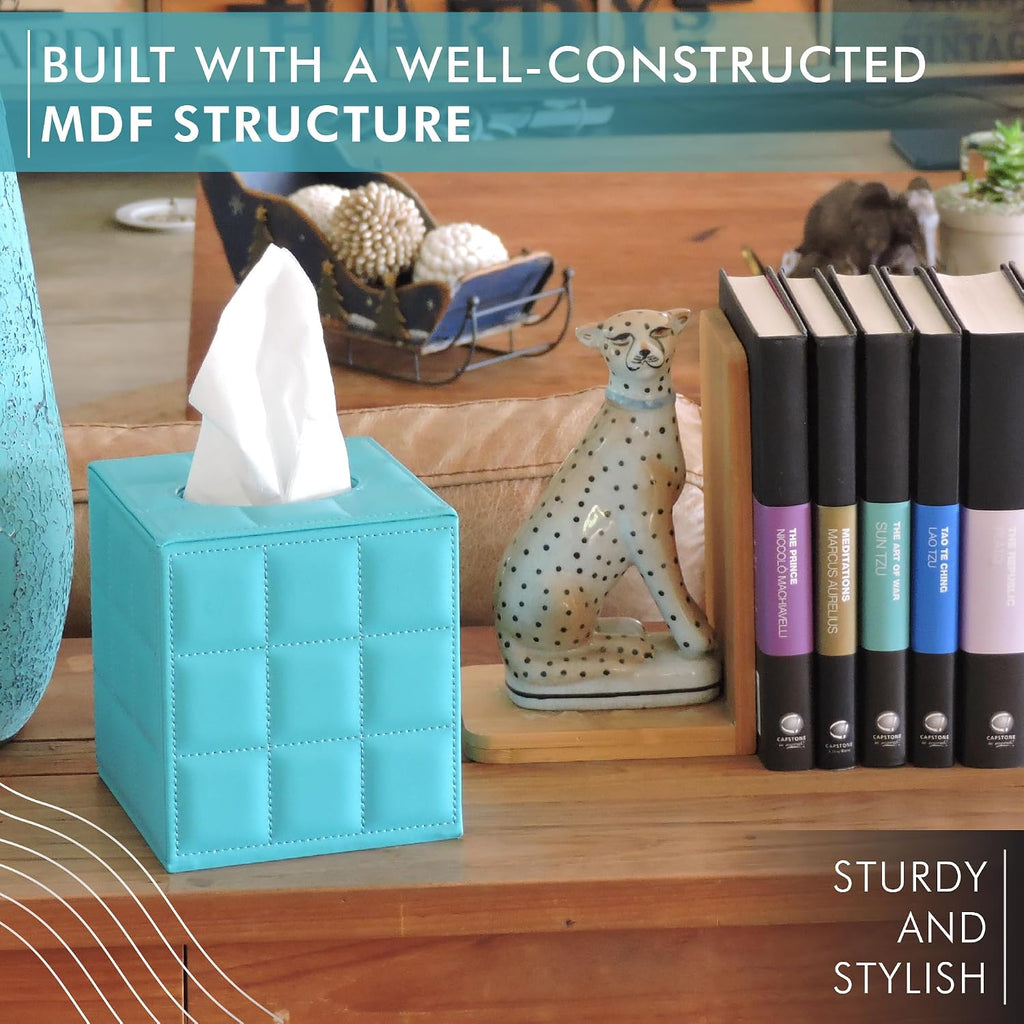 Luxury 5 Star Hotel Style Tissue Box Cover - Sturdy and Stylish Tissue Box Holder with a Custom Height and Modern PU Leather Exterior, 13.5x13.5x15cm - Teal Blue