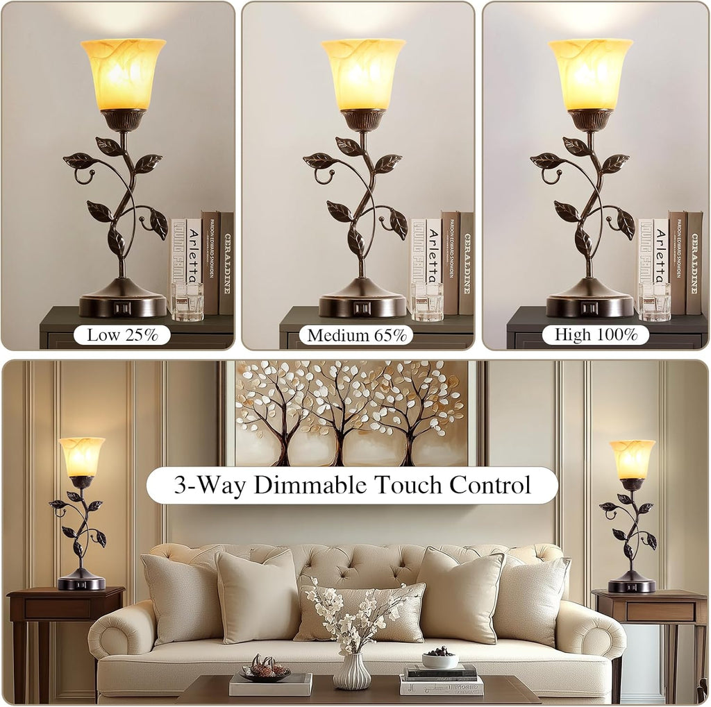 Set of 2 Touch Vintage Bedroom Leaf Table Lamps with 2 USB Ports