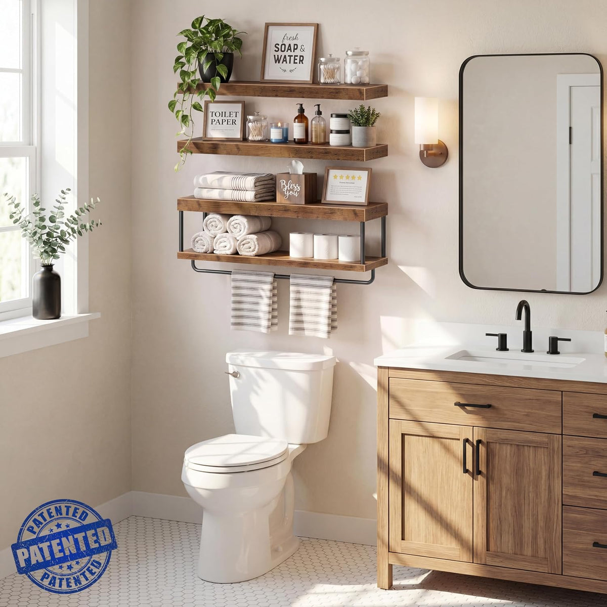 QEEIG Long Bathroom Floating Shelves Over Toilet (Brown, Set of 3, 23.6")