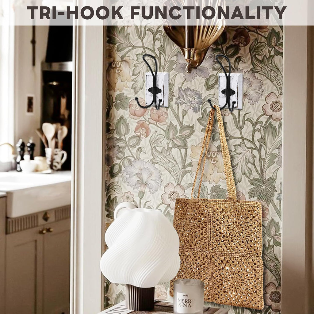 2-Pack Rustic Wood Wall Hooks - Wall Mounted or Adhesive Coat Rack for Bathroom Towels Robes - Farmhouse Modern Decorative Entryway Hangers for Hats Keys Purses Bags, White