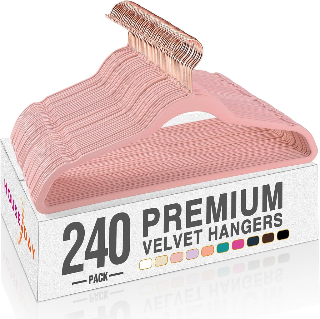 HOUSE DAY Pink Velvet Hangers 240 Pack, Premium Clothes Hangers Non-Slip Felt Hangers, Sturdy Black Hangers Heavy Duty Coat Hangers, Durable Suit Hangers, Space Saving No Hanger Mark Rotating Hook