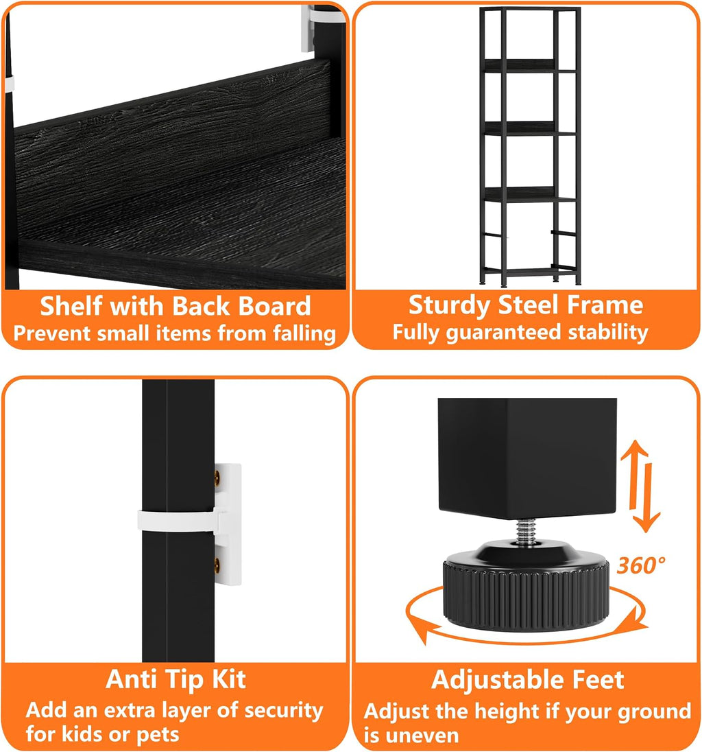Furnulem 4 Tier Corner Shelf,Black Narrow Bookshelf with 2 Storage Drawers