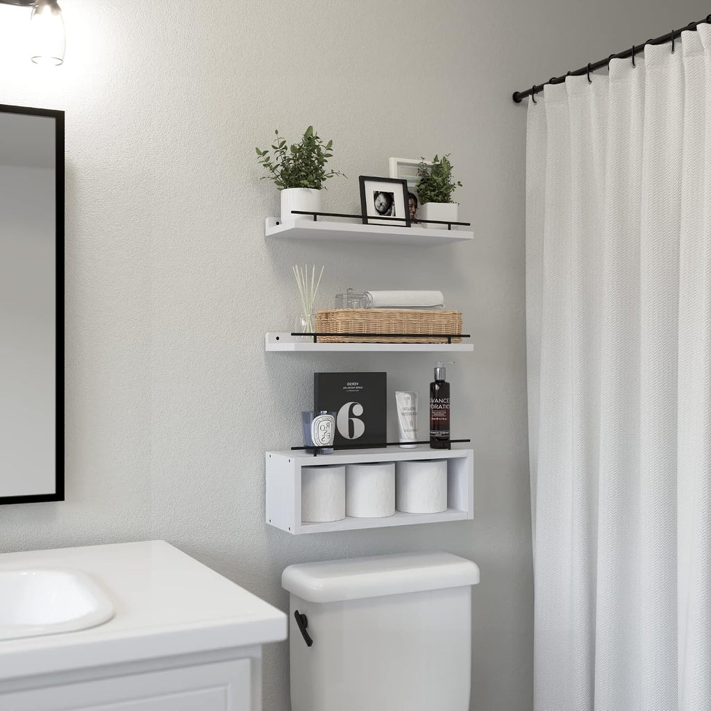 WOPITUES Floating Shelves for Wall with Cube Shelf, Wall Shelves with Metal Rail for Decor, Bathroom Organizers and Storage, Over Toilet Shelves for Bathroom, Toilet Paper-White