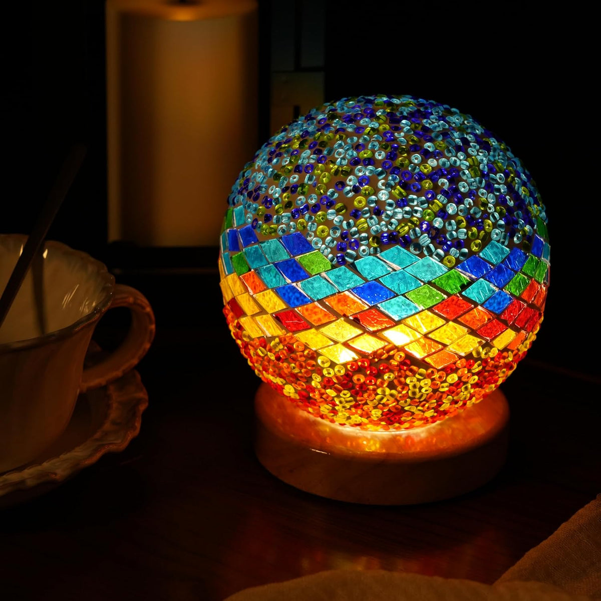 Turkish Table lamp (D:4.7" x H:5.2"),Mosaic Glass Lamps with Wooden Base, Bohemian Tiffany Bedside Lamps, USB power Moroccan Lantern for Living Room Decorations (Mediterranean - Blue, Mediterranean)