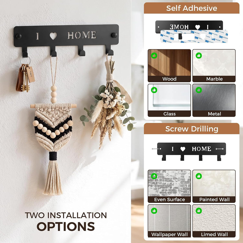 4-Hook Metal Key Holder Wall Mount with Self-Adhesive Back
