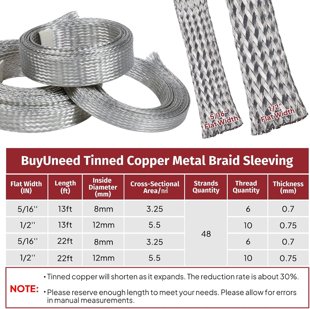 Tinned Copper Metal Braid Sleeving Wire Shielding 1/2inch-13ft