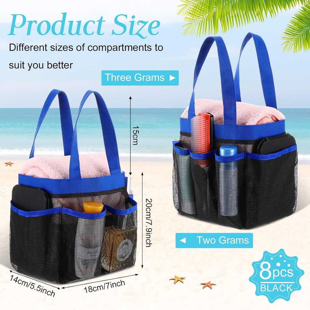 8 Packs Large Mesh Shower Caddy with 8 Pocket and Handle, Blue