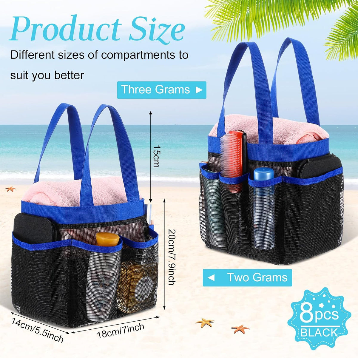 8 Packs Large Mesh Shower Caddy with 8 Pocket and Handle, Blue