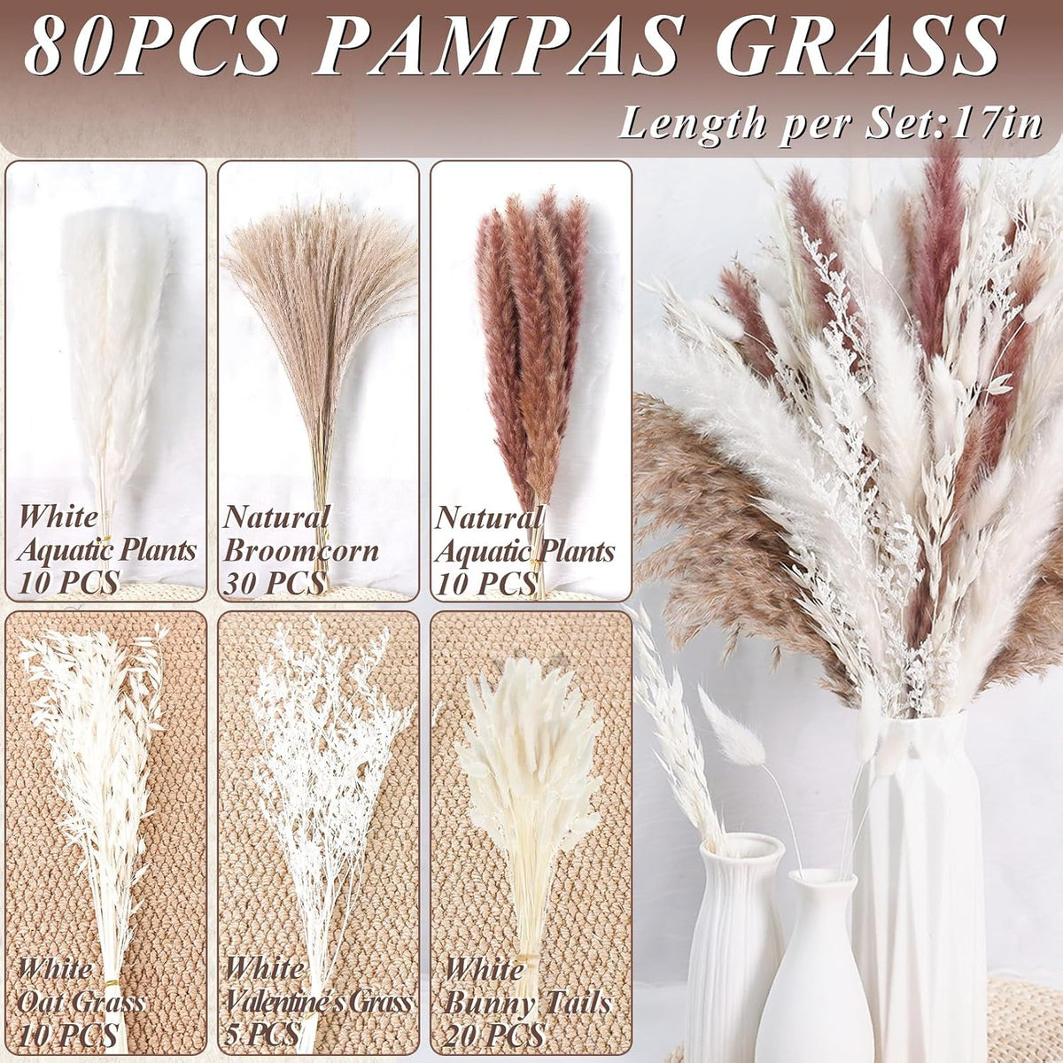85PCS White Dried Pampas Grass Bouquet, Boho Home Decor Flowers