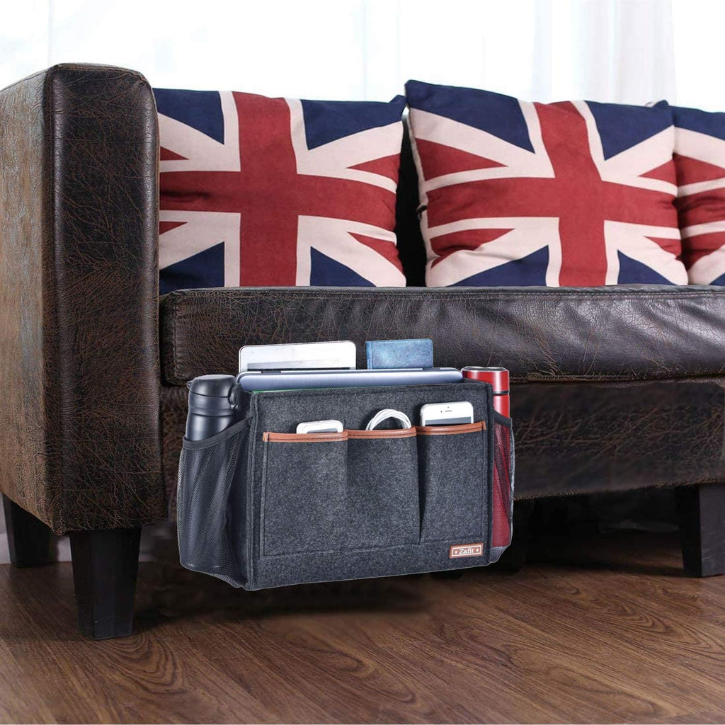 Zafit Bedside Caddy, Large Size Storage Organizer with 8 Pockets - Holds Magazines, Remotes, Phone (13.4'' x 18.1'', Dark Grey)