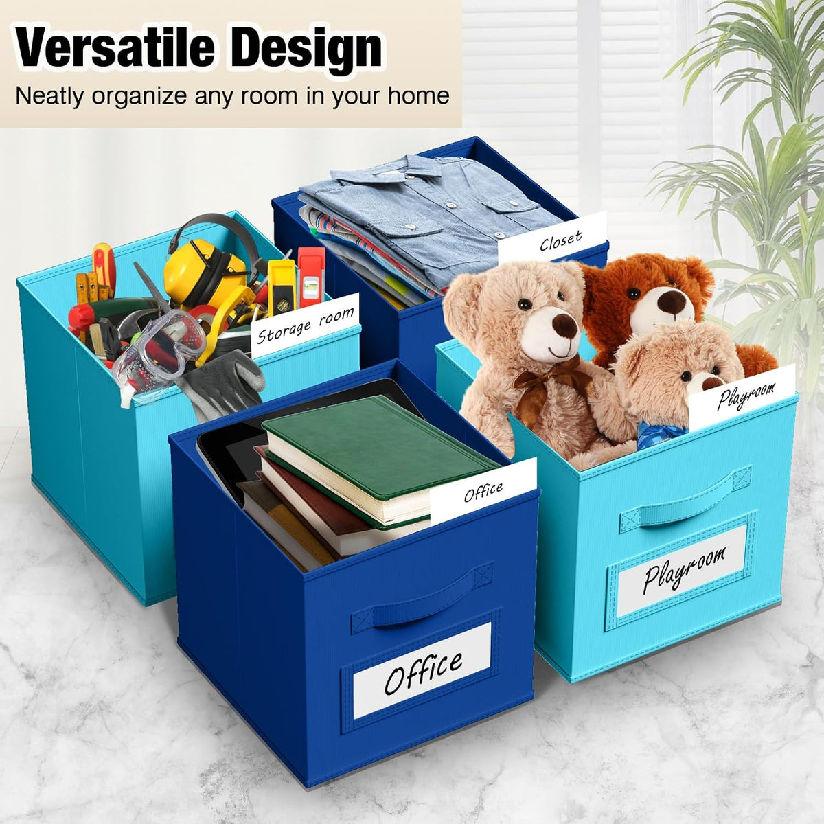 10 Pack Fabric Storage Cubes with Label 11" Collapsible Cube Bins, Blue