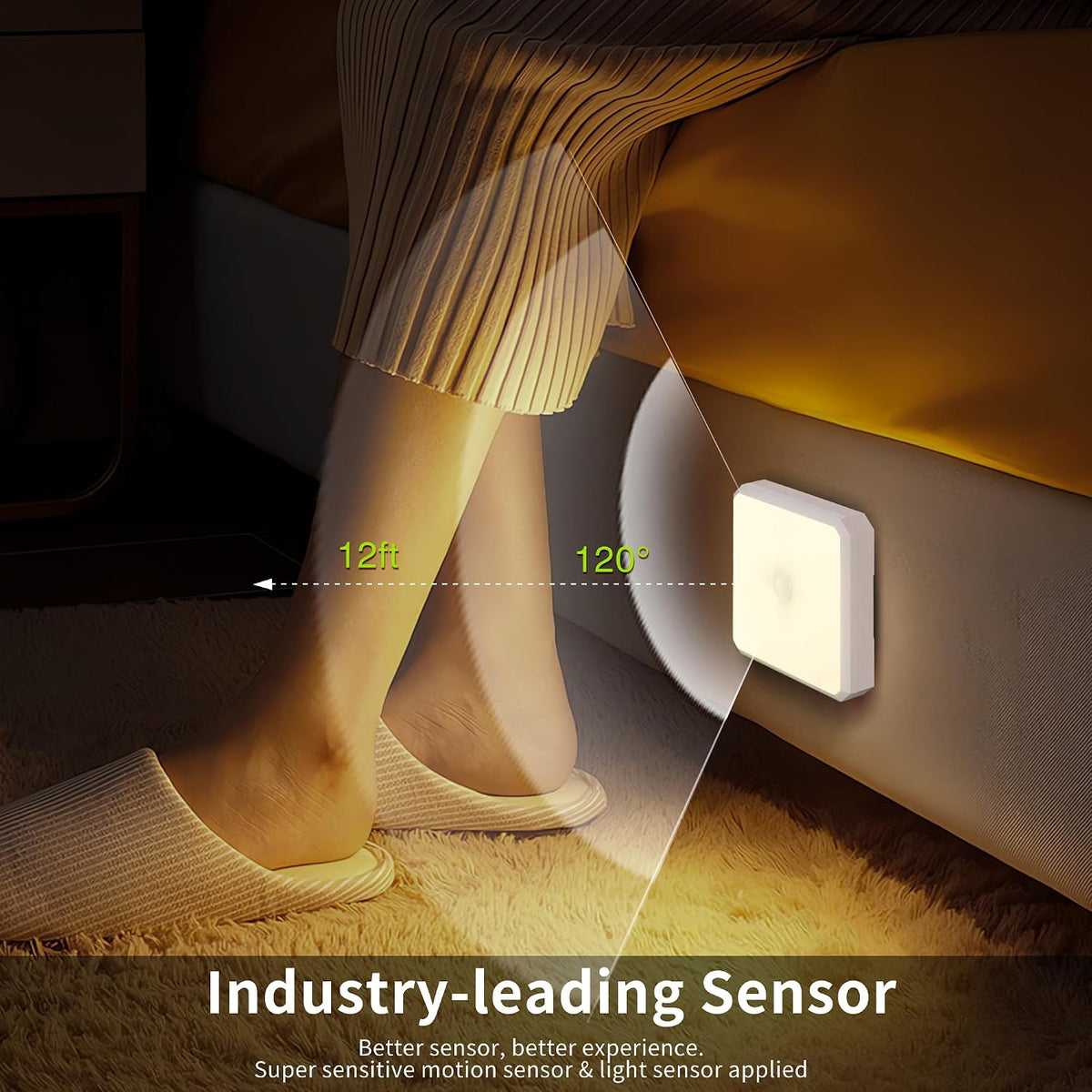 Motion Sensor Night Light Indoor - Cordless Battery Powered Under Cabinet Lighting, Stick-on Magnet LED Closet Lights, Safe Light for Stairs, Nightlight 3-Pack (Batteries not Include)