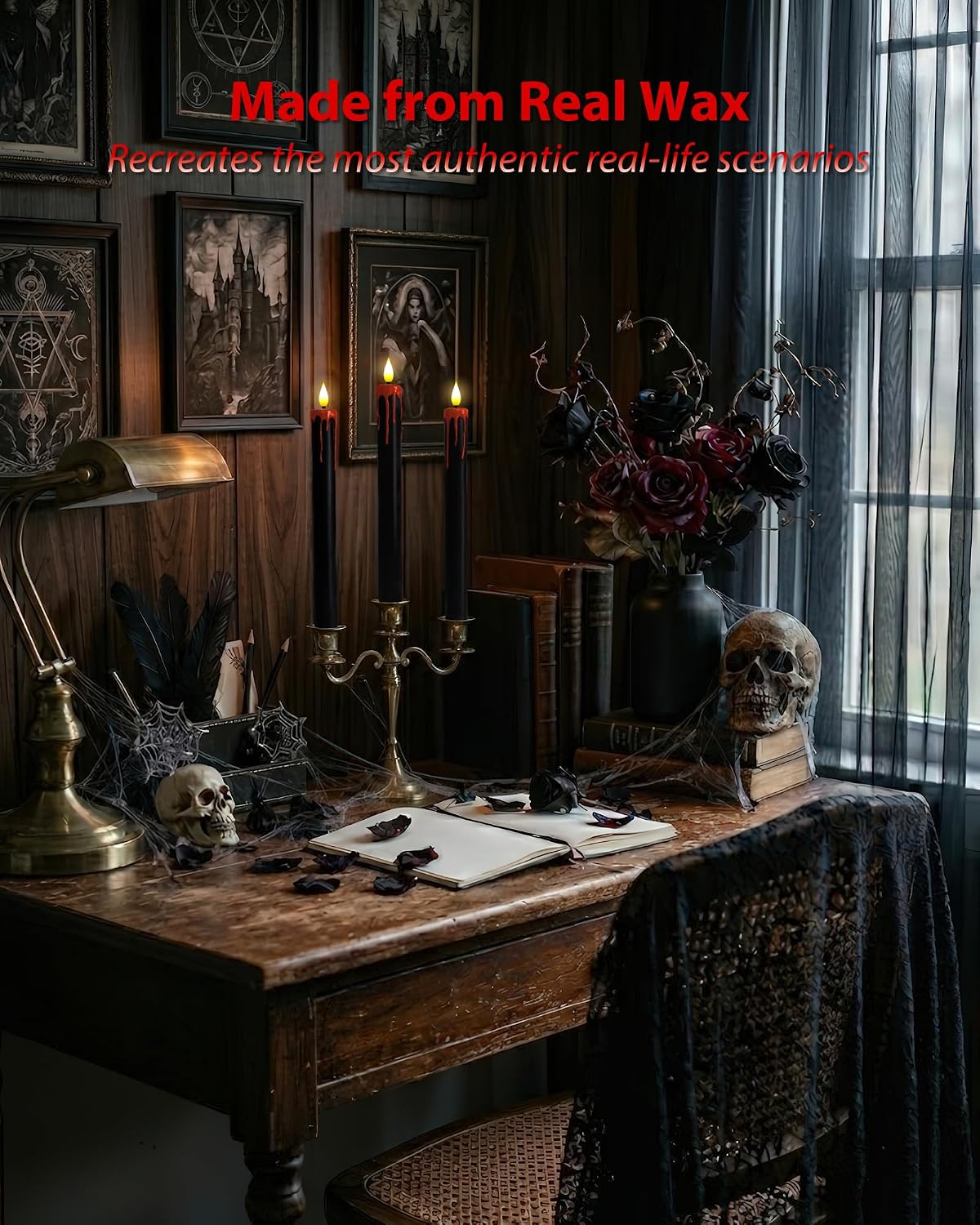 Homemory Black Bleeding Real Wax Flameless Taper Candles, 9.6 Inch Battery Operated LED Candlesticks with Remote Control and Timer, Realistic Dripless for Halloween Spooky Dark Decor 6 Pack