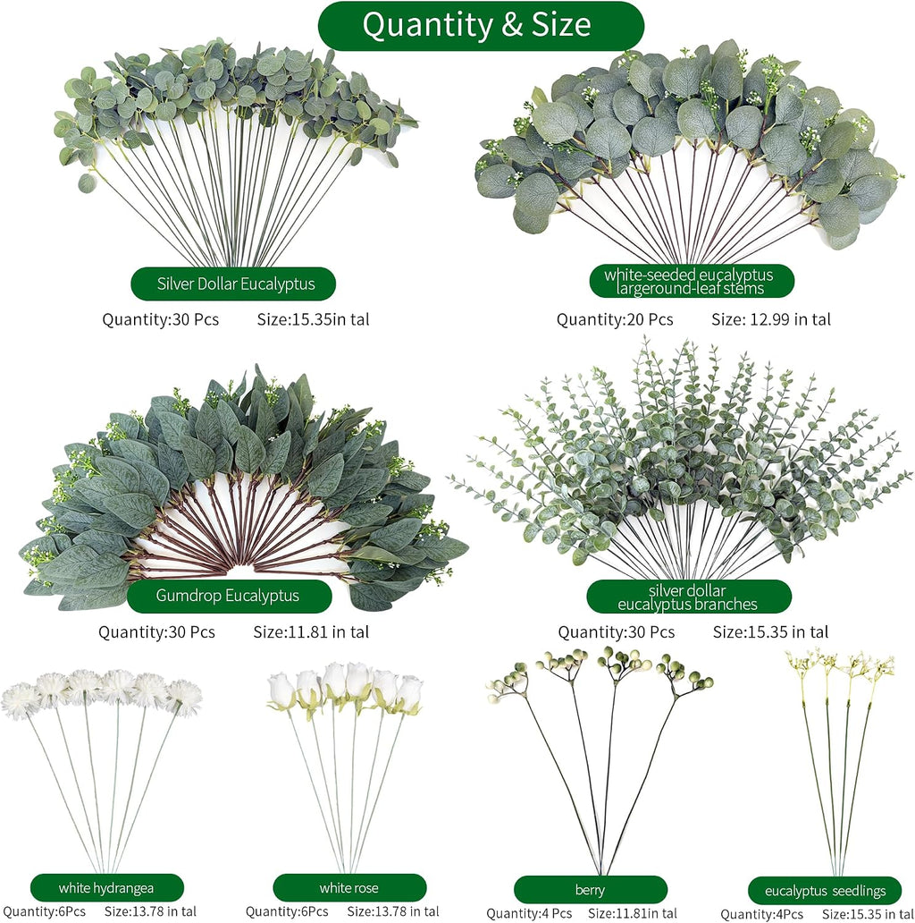 130 Pcs Mixed Eucalyptus Leaves Stems 8 Kinds Artificial Bulk Fake Silver Dollar Eucalyptus Bundle Faux Plants Greenery for DIY Wedding Vase Bouquets Floral Arrangement Engagement Decor （Green）
