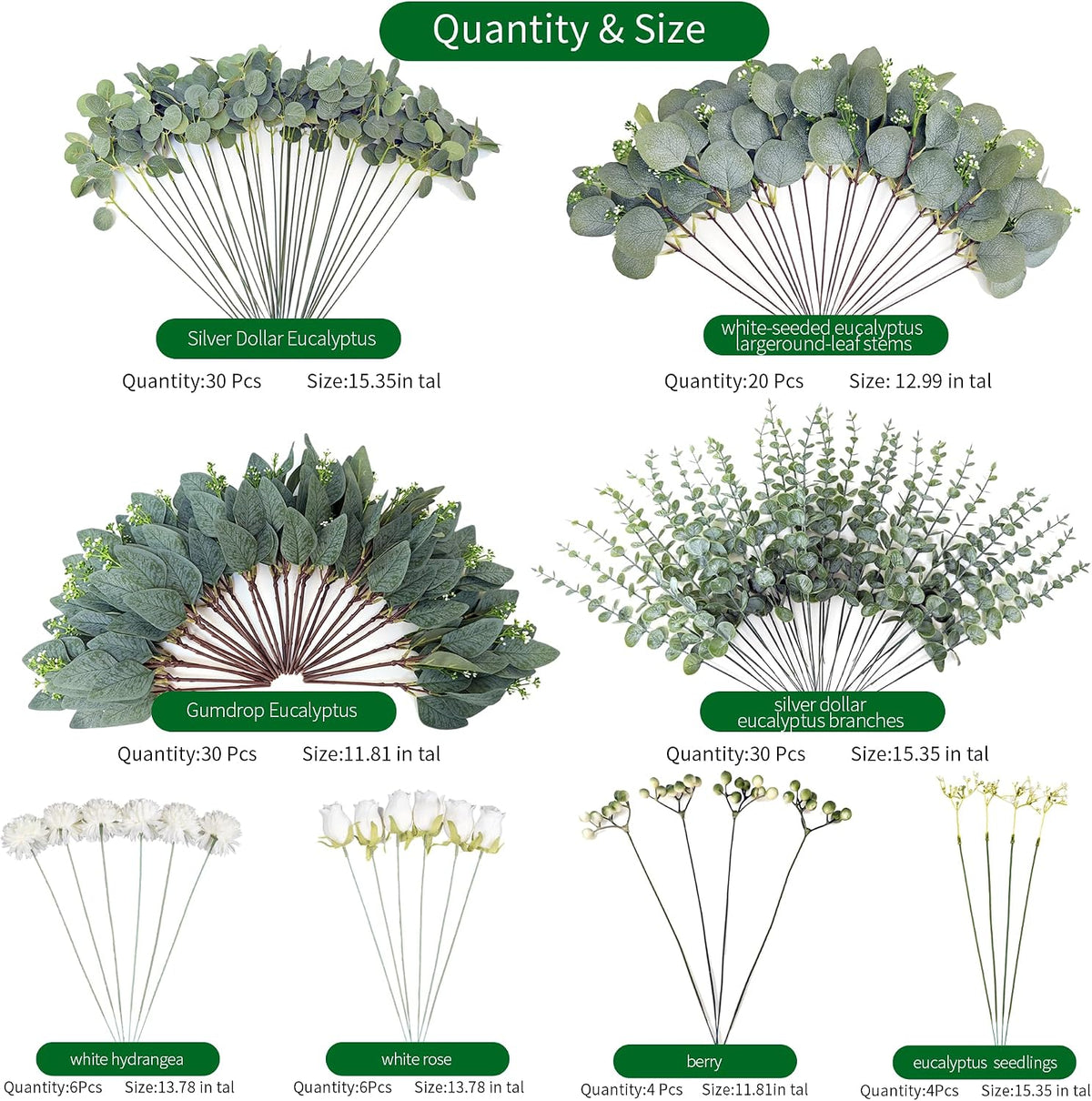 130 Pcs Mixed Eucalyptus Leaves Stems 8 Kinds Artificial Bulk Fake Silver Dollar Eucalyptus Bundle Faux Plants Greenery for DIY Wedding Vase Bouquets Floral Arrangement Engagement Decor （Green）