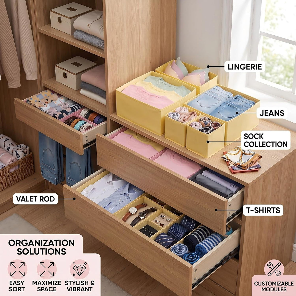 Drawer Organizer for Clothes, 8 Pack Pink Fabric Dresser Organizer Bins