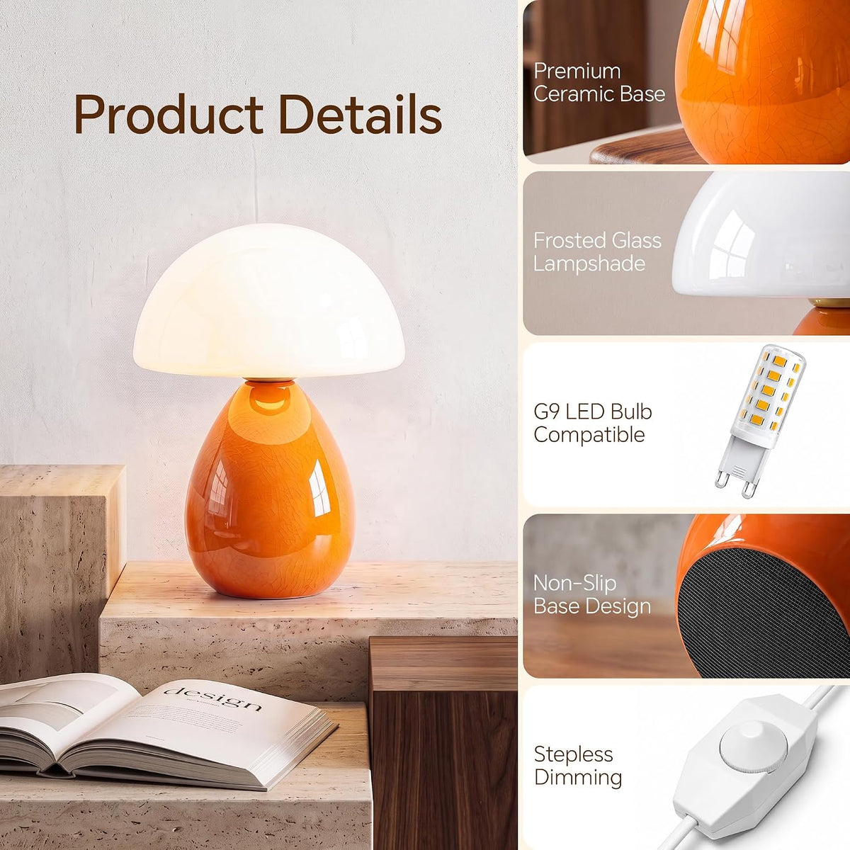 Dawnwake Mushroom Lamp Table Lamp for Bedroom-Small Desk Table Lamps,Orange