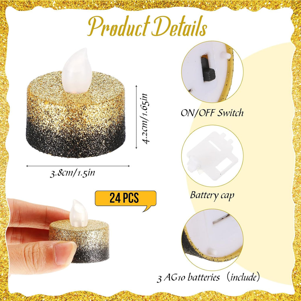Rossesay 24 Pcs Black Gold Flameless LED Tea Lights Glitter Candles