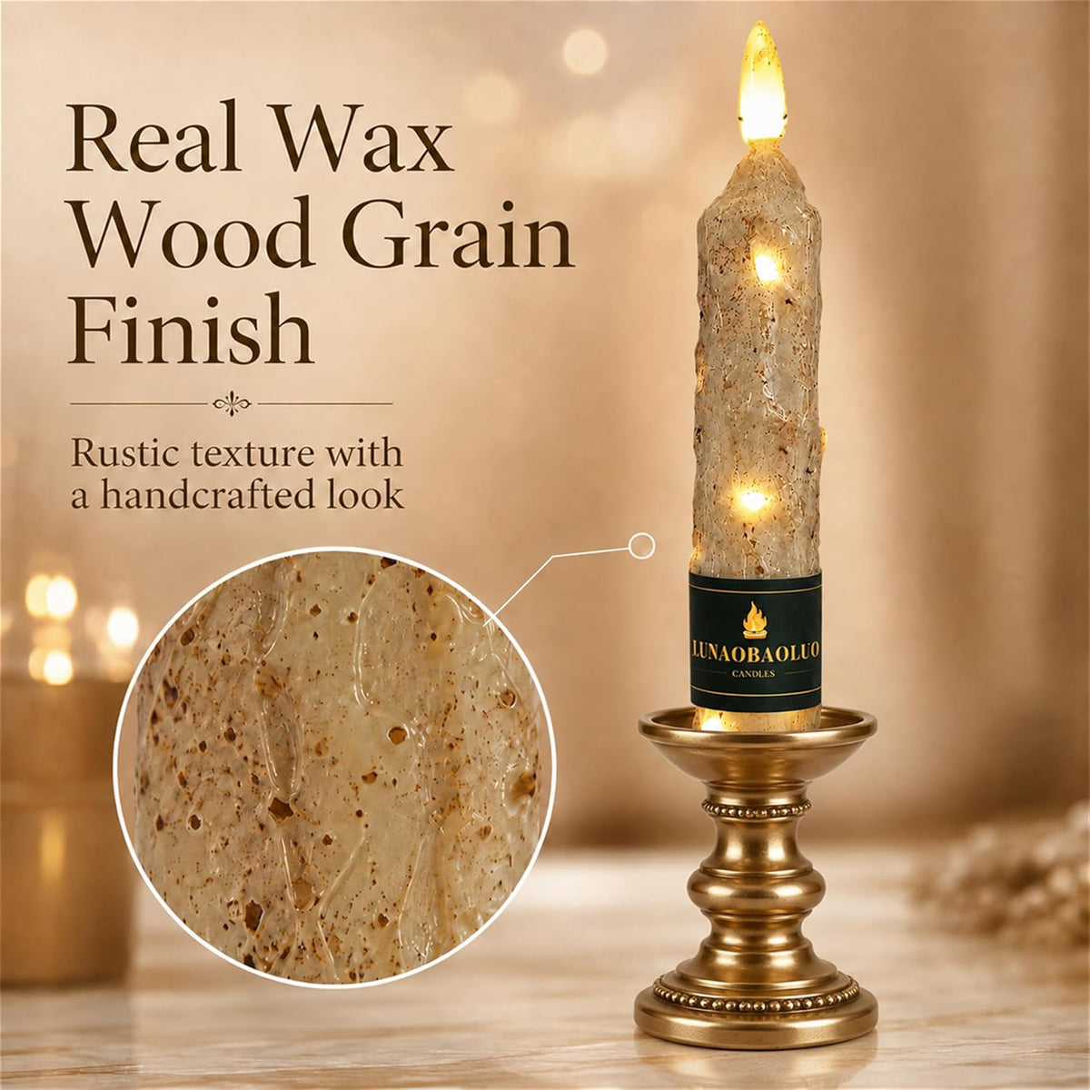 Wood Grain Flameless Taper Candles 4 Pack, 6.5 Inch LED Candles with Remote
