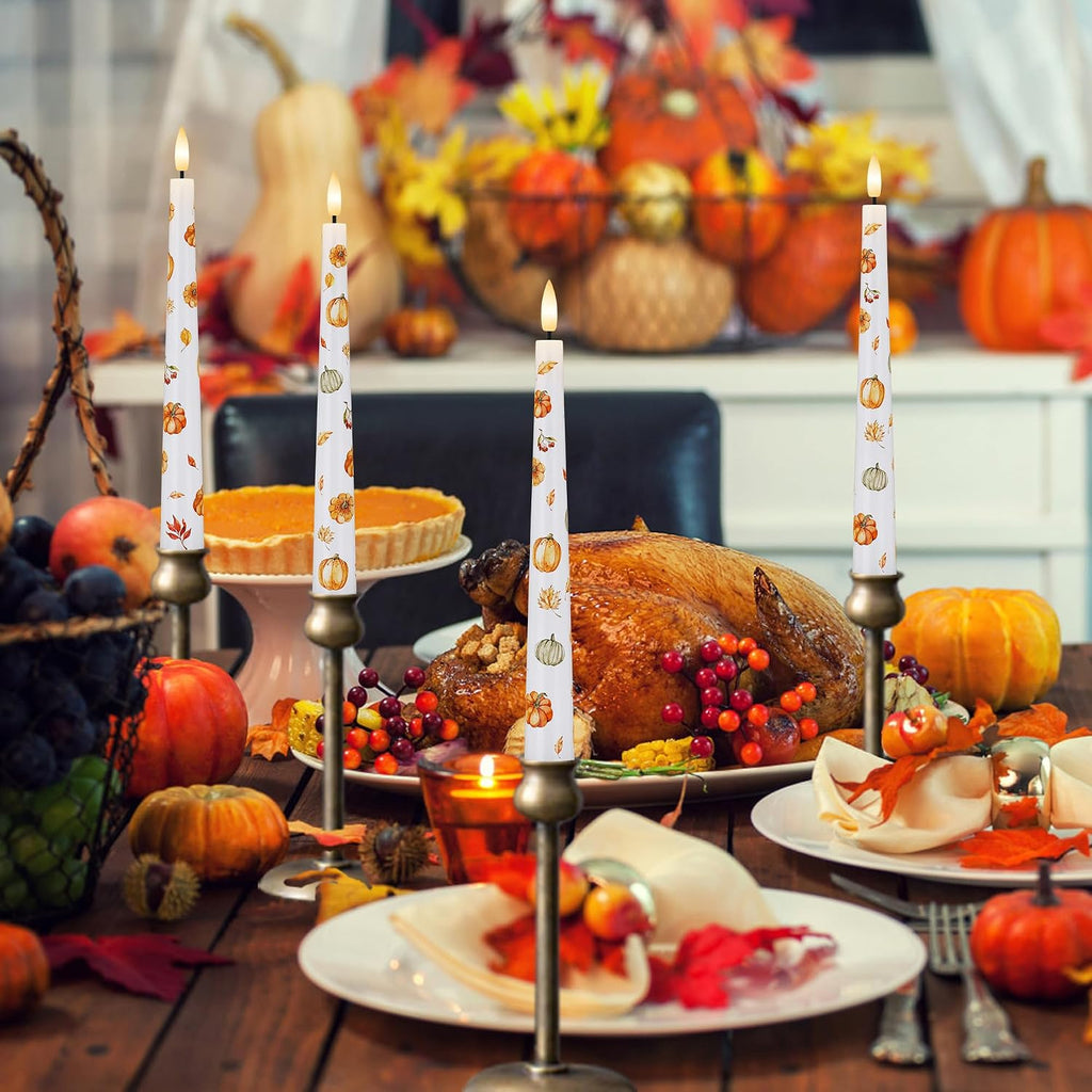 Fall Flameless Taper Candles, Pumpkin & Maple Leaf Battery Operated Candles