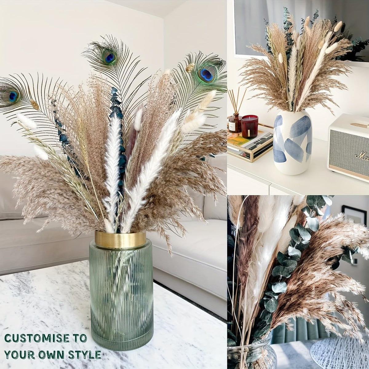 100-Piece Dried Pampas Grass Bouquet – Mixed Natural Tones in Beige, White, Black, and Green – Decorative Floral Set for Holiday, Seasonal, and Everyday Home Decor (17 in) (Beige White Black Green)