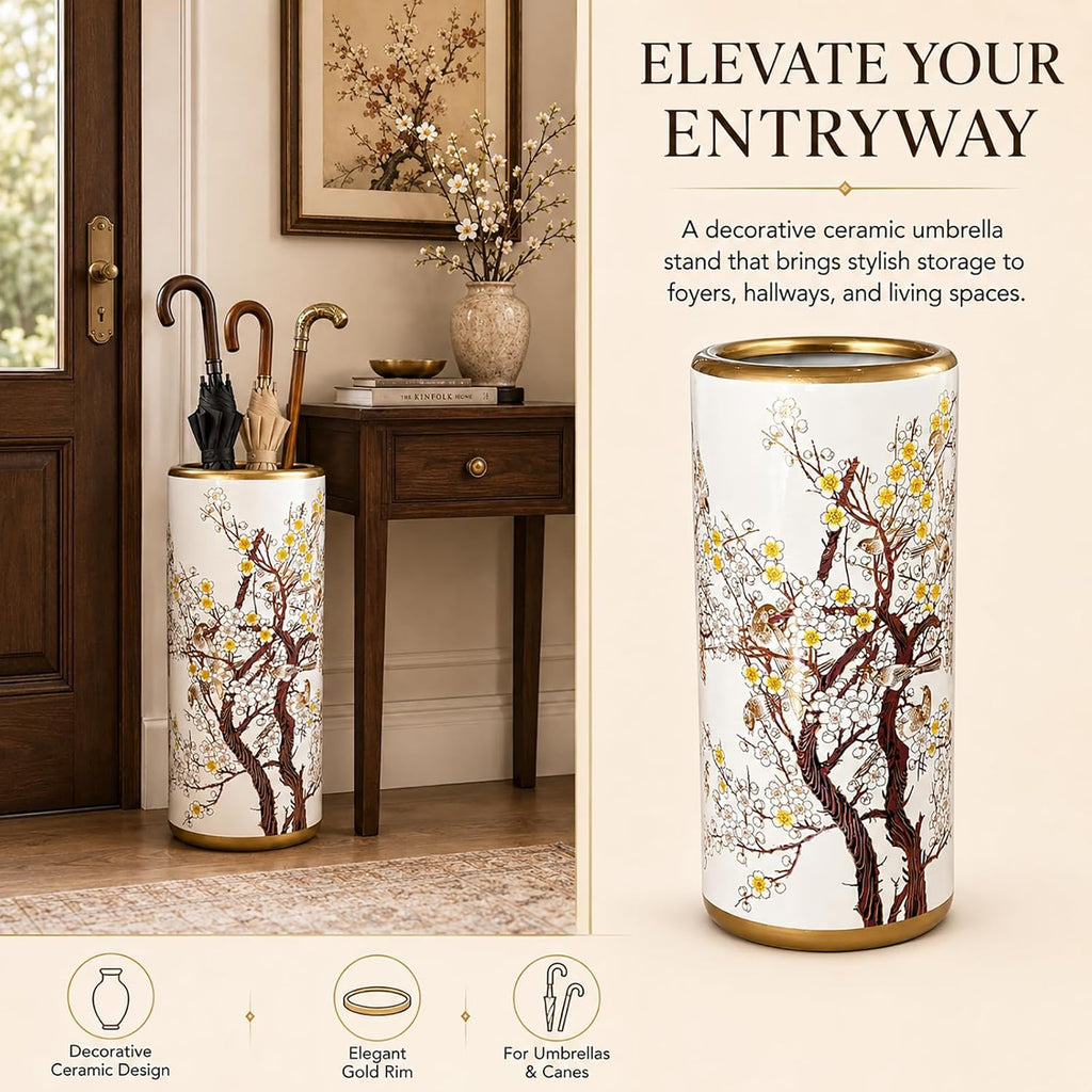Ceramic Umbrella Stand for Entryway, Decorative Indoor Umbrella Holder with Gold Rim, Floor Vase Cane & Walking Stick Holder for Foyer Hallway Home Decor(Plum Blossom)