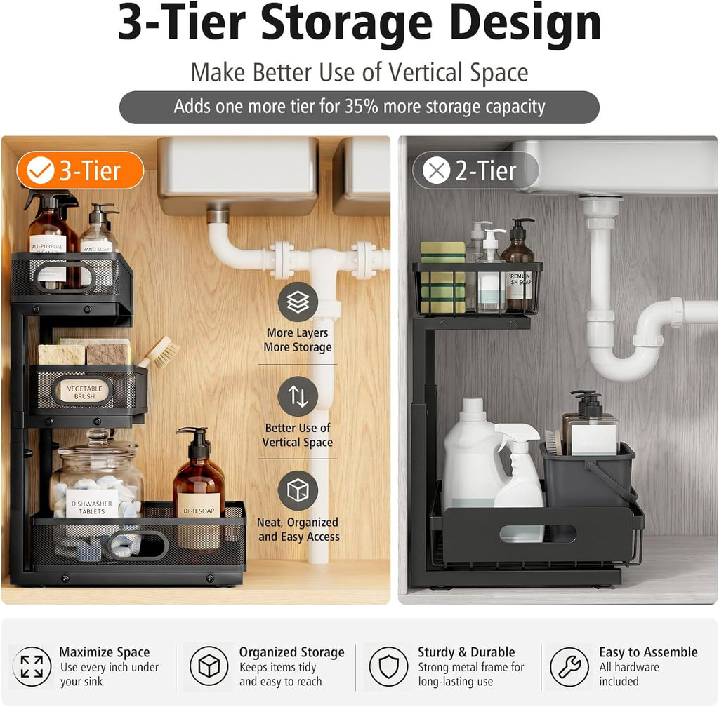 Under Sink Organizer, 3 Tier Pull Out Cabinet Organizer with 5 Adjustable Heights, Metal Under Sink Storage with Sliding Drawers for Kitchen, Bathroom, Pantry and Laundry Room, 2-Pack Black